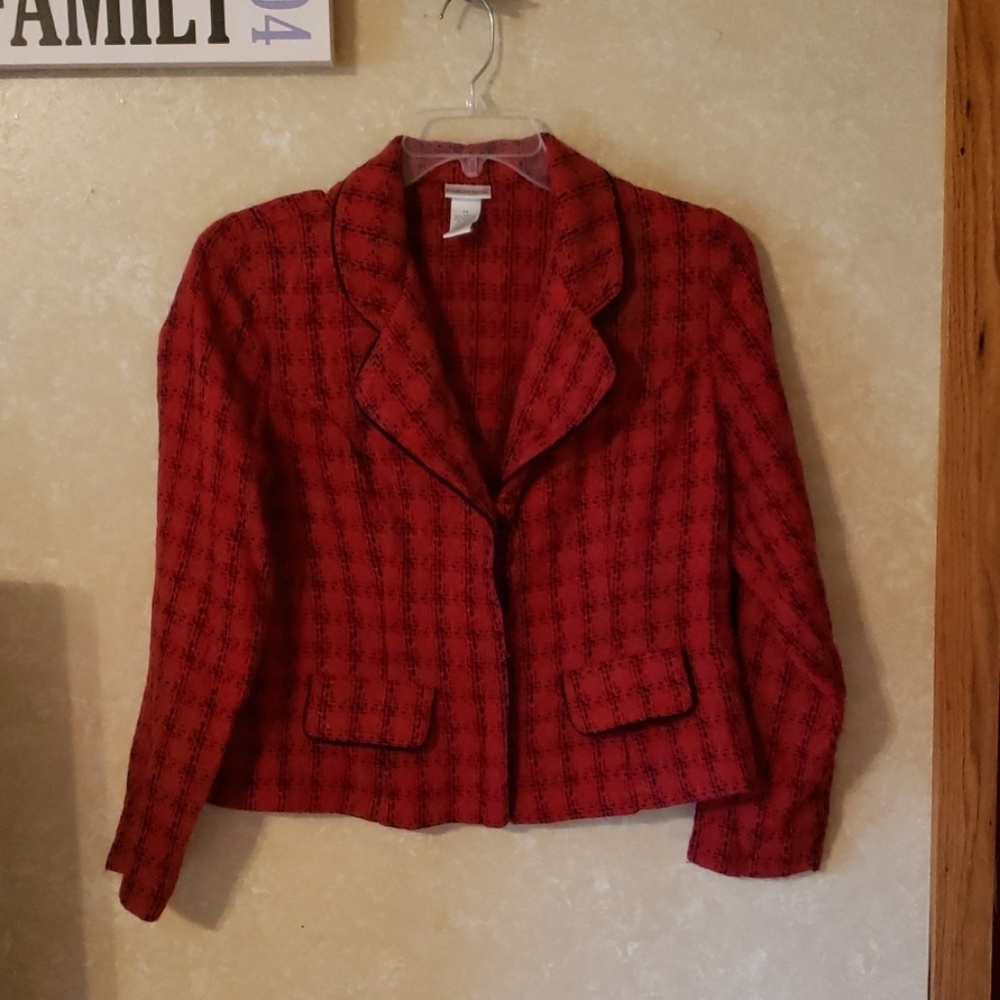 2pc red and black plaid skirt suit